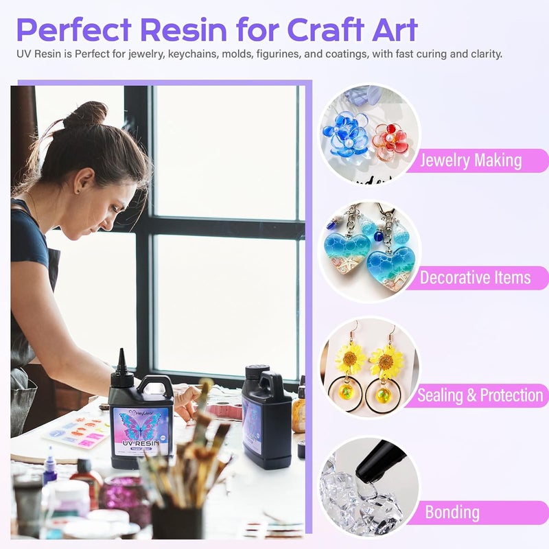 HeyClear 1000g UV Resin kit -Super Clear, Hard, Low Odor, Premixed UV Epoxy Fast Curing for Beginners Jewelry Making, DIY Crafts, Casting Coating and Resina Art - Image 4